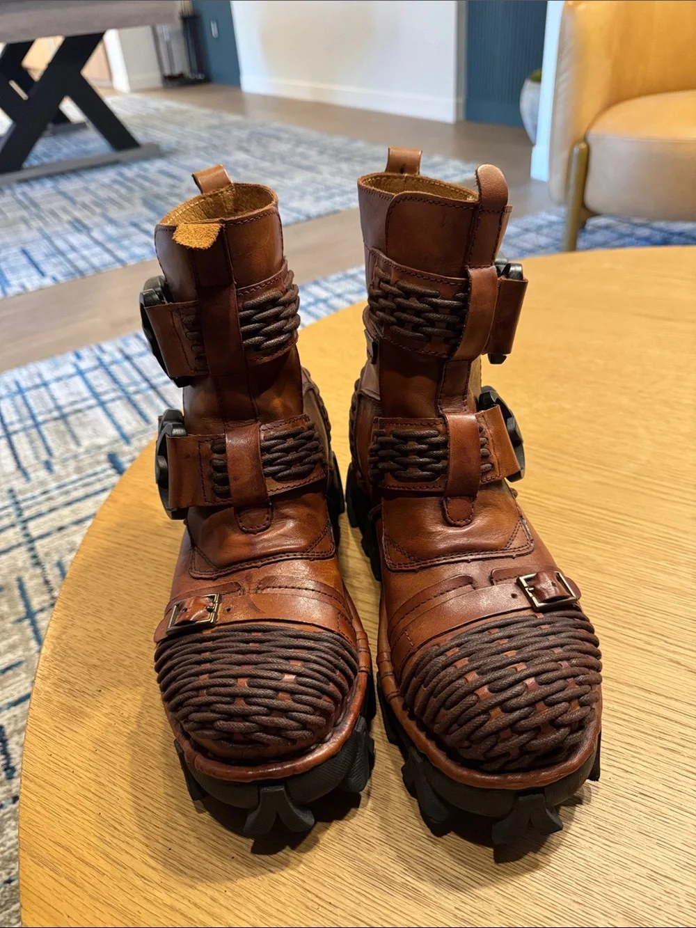 Women's Tan Woven Leather Moto Combat Boots - Picture 4 of 12